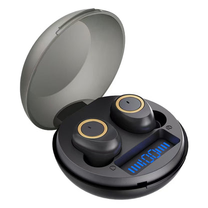 Black wireless earbuds with charging case on a white background digital battery status display tws bluetooth earphones blastico wholesale