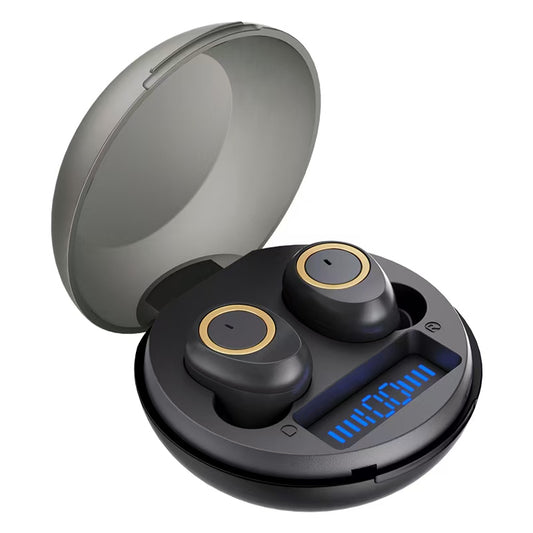 Black wireless earbuds with charging case on a white background digital battery status display tws bluetooth earphones blastico wholesale