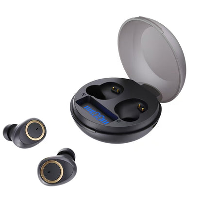 Black wireless earbuds with charging case on a white background digital battery status display tws bluetooth earphones blastico wholesale