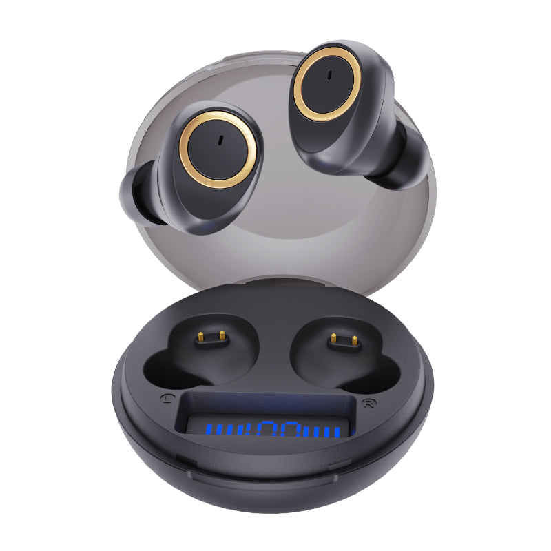Black wireless earbuds with charging case on a white background digital battery status display tws bluetooth earphones blastico wholesale