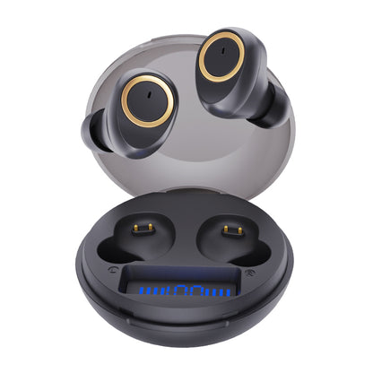 Black wireless earbuds with charging case on a white background digital battery status display tws bluetooth earphones blastico wholesale