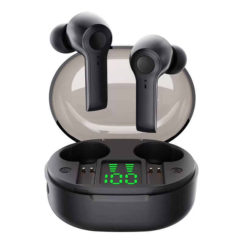 Black wireless earbuds with charging case on a white background digital battery status display tws bluetooth earphones