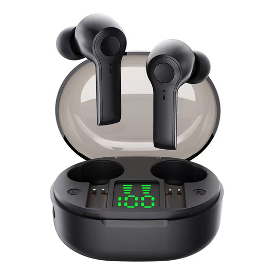 Black wireless earbuds with charging case on a white background digital battery status display tws bluetooth earphones