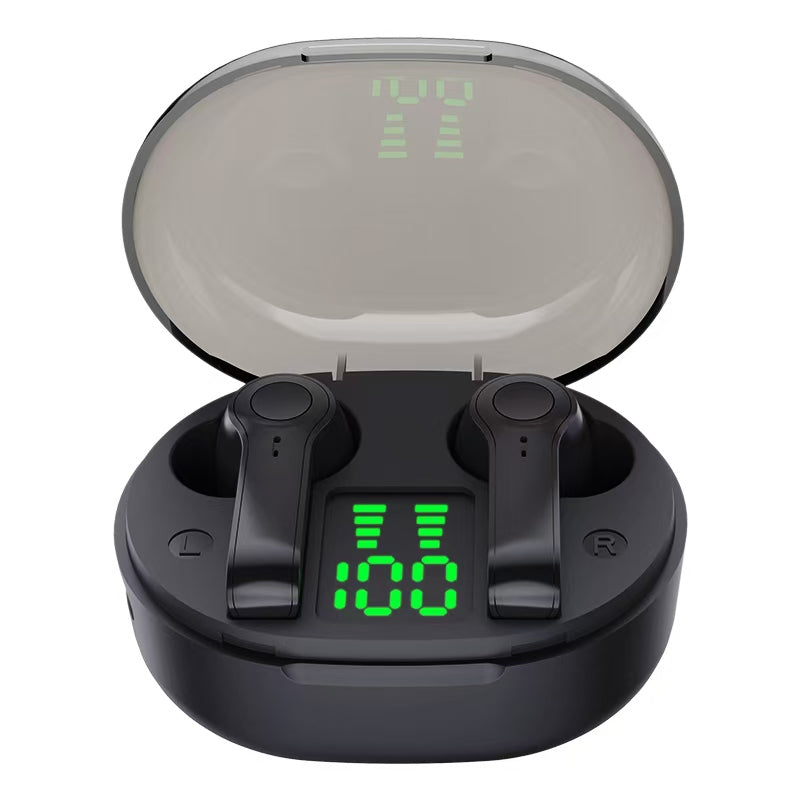 Black wireless earbuds with charging case on a white background digital battery status display tws bluetooth earphones