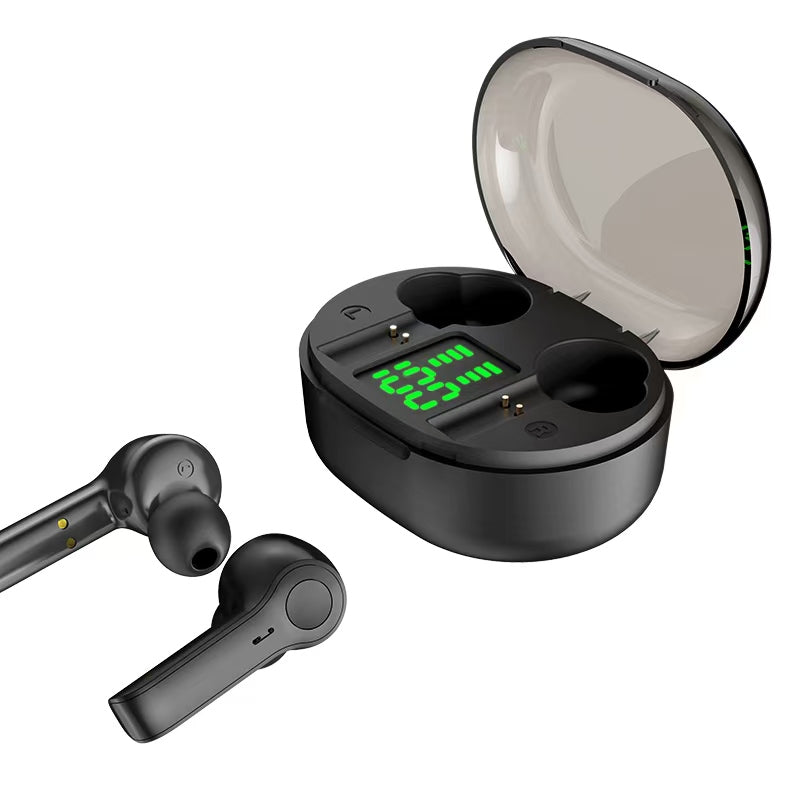 Black wireless earbuds with charging case on a white background digital battery status display tws bluetooth earphones