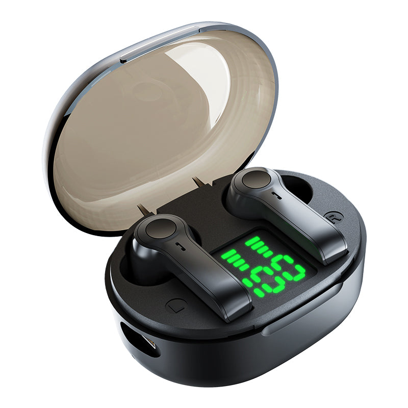 Black wireless earbuds with charging case on a white background digital battery status display tws bluetooth earphones