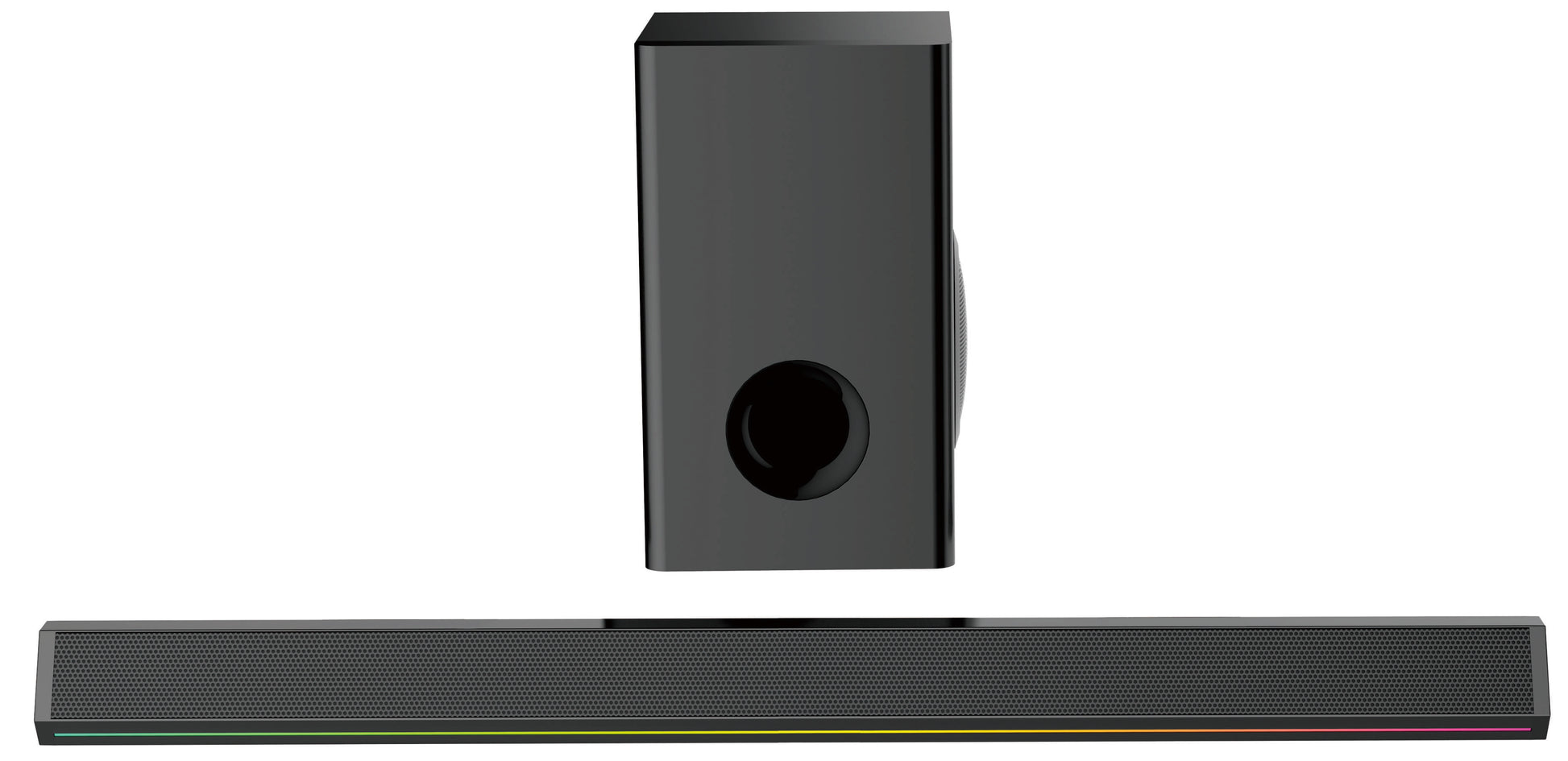Black electronic device with a cylindrical component on a white background soundbar speaker blastico wholesale home theater audio speakers