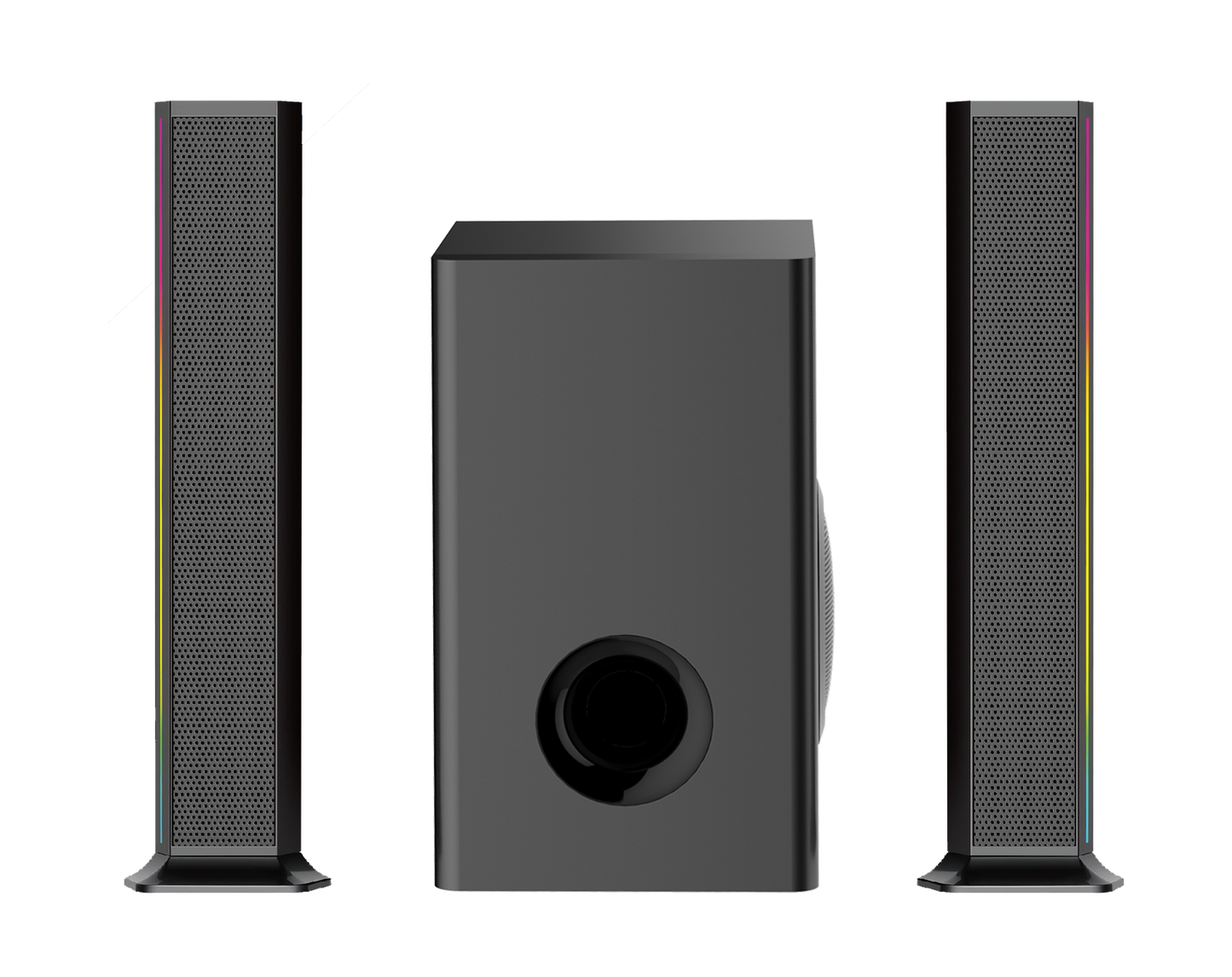 Set of black speakers on a white background soundbar home theater 2.1 with led light