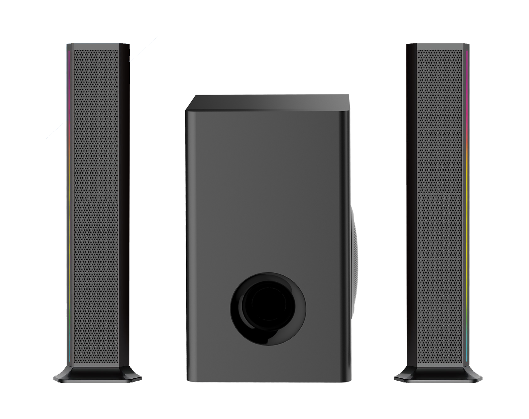 Set of black speakers on a white background soundbar home theater 2.1 with led light