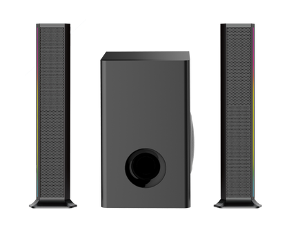 Set of black speakers on a white background soundbar home theater 2.1 with led light