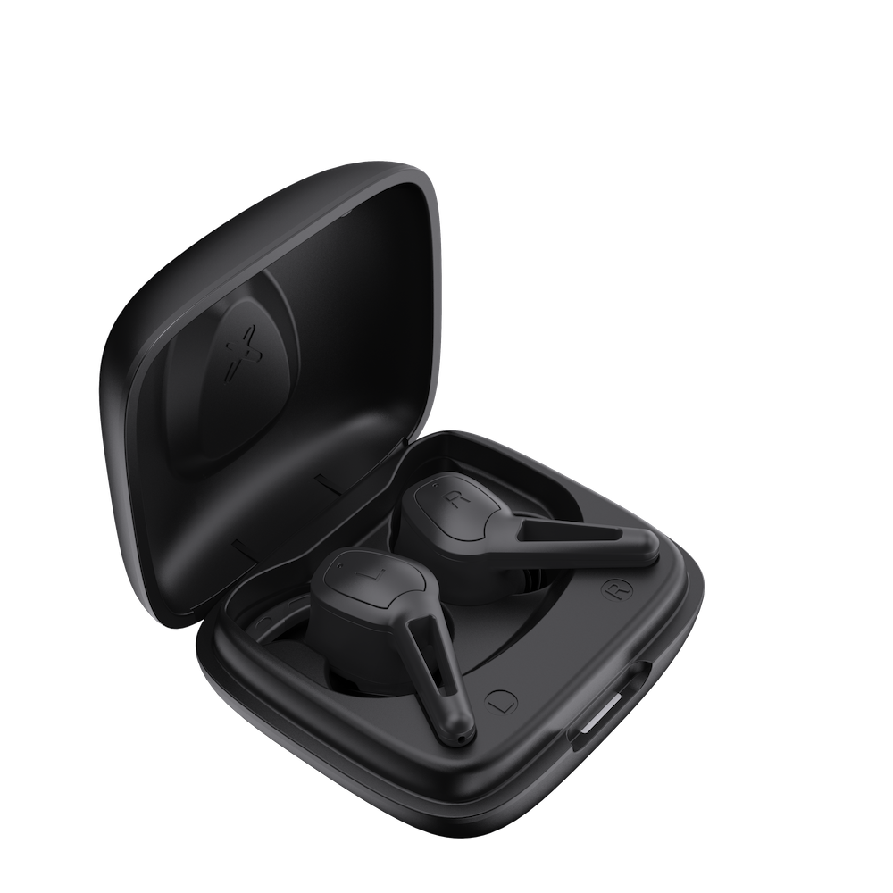 Black wireless earbuds in an open charging case on a white background blastico 2025 latest release tws bluetooth earphones