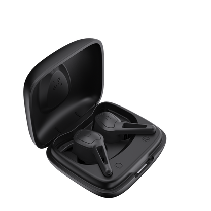 Black wireless earbuds in an open charging case on a white background blastico 2025 latest release tws bluetooth earphones