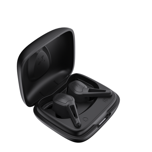 Black wireless earbuds in an open charging case on a white background blastico 2025 latest release tws bluetooth earphones