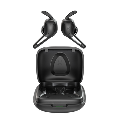 Black wireless earbuds in an open charging case on a white background blastico 2025 latest release tws bluetooth earphones